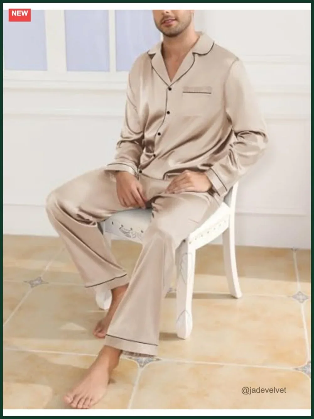 Satin Men's Pajama Set Short Sleeve Button Down Two-Piece Sleepwear with Pockets